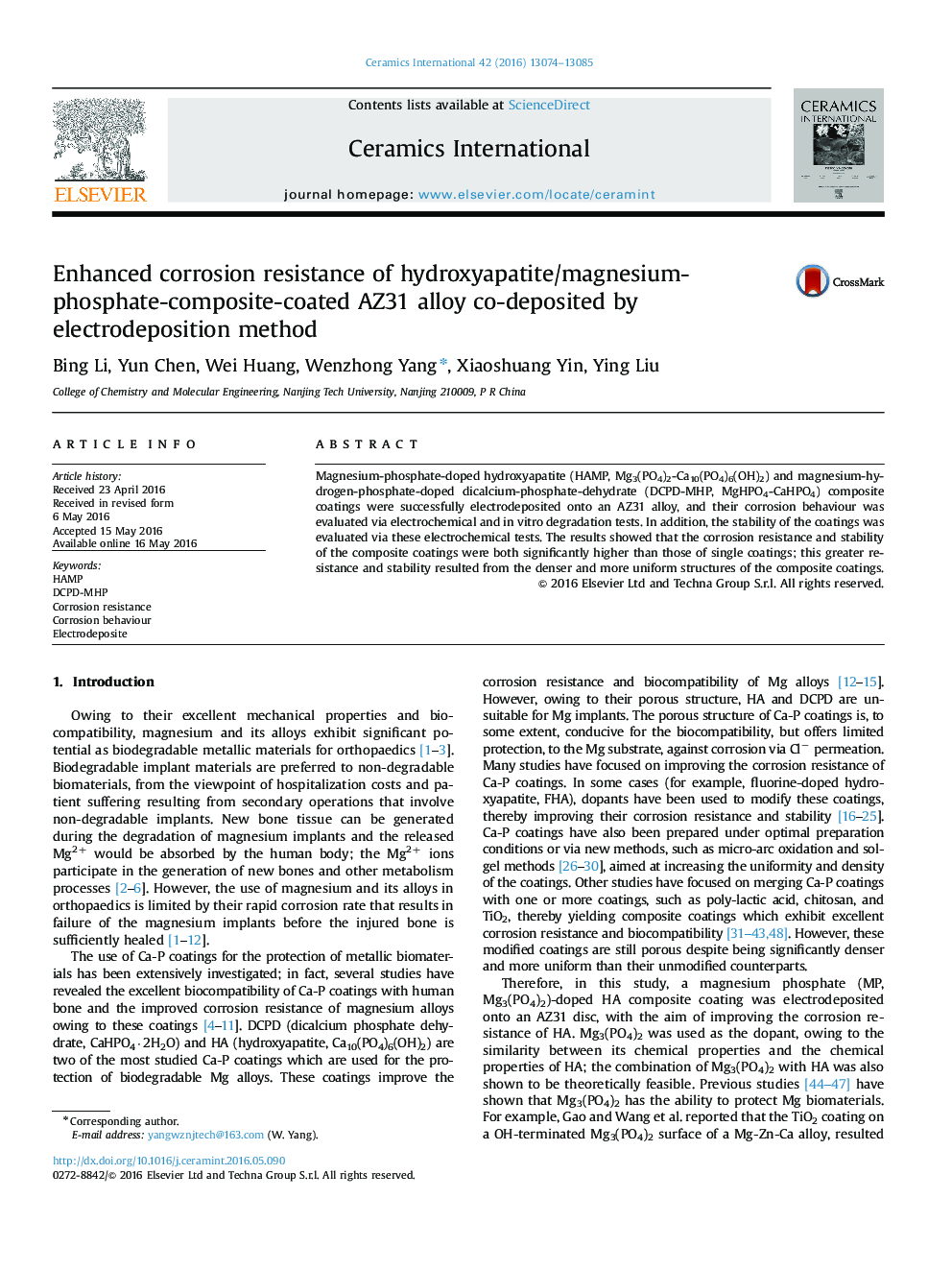 Enhanced corrosion resistance of hydroxyapatite/magnesium-phosphate-composite-coated AZ31 alloy co-deposited by electrodeposition method