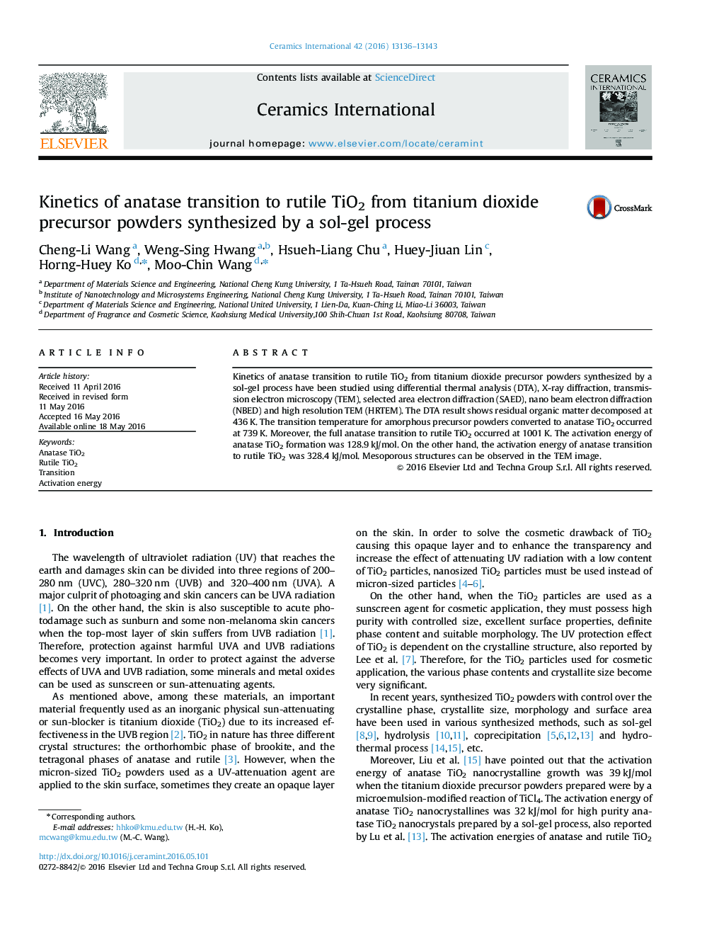 Kinetics of anatase transition to rutile TiO2 from titanium dioxide precursor powders synthesized by a sol-gel process