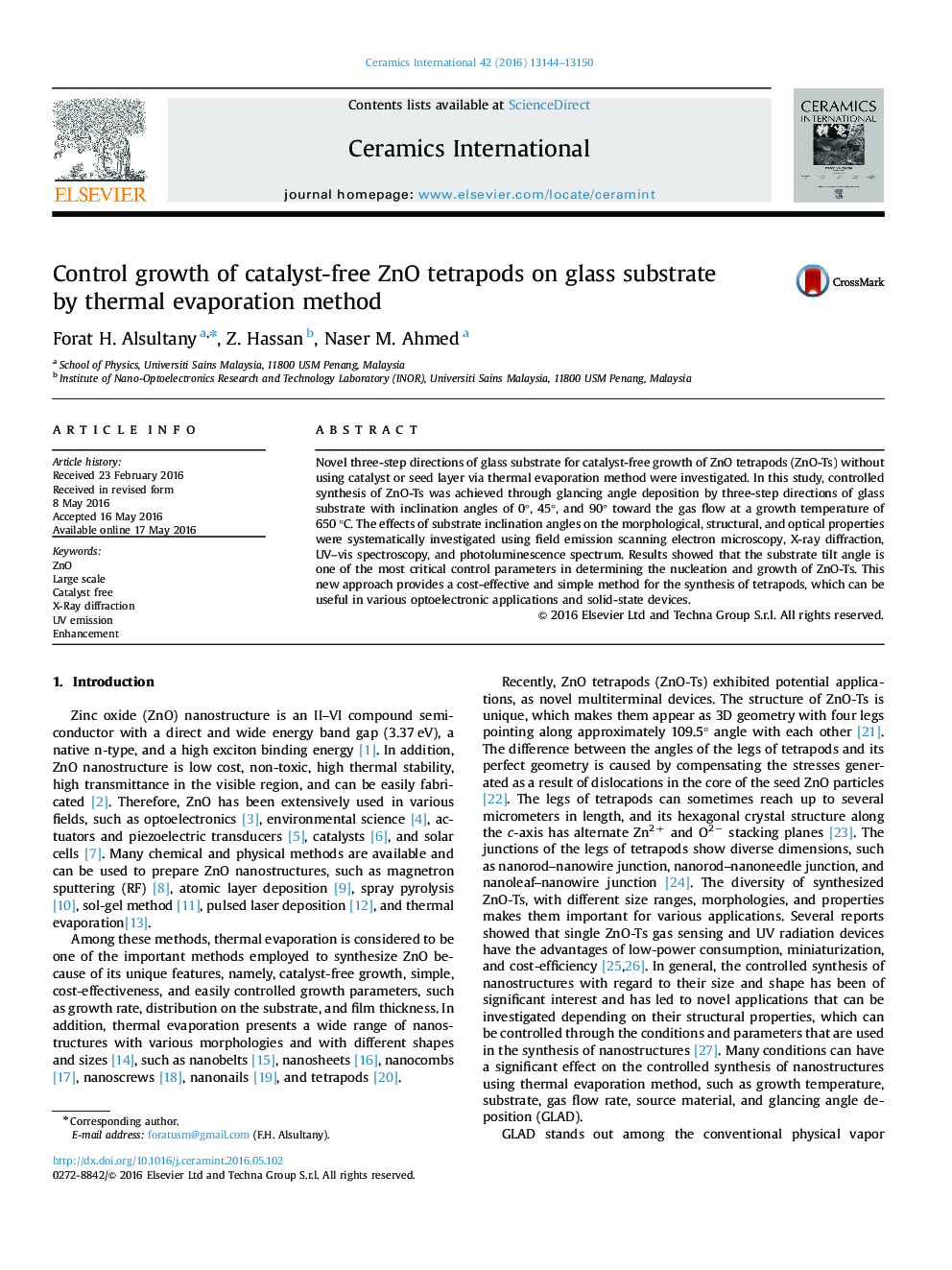 Control growth of catalyst-free ZnO tetrapods on glass substrate by thermal evaporation method