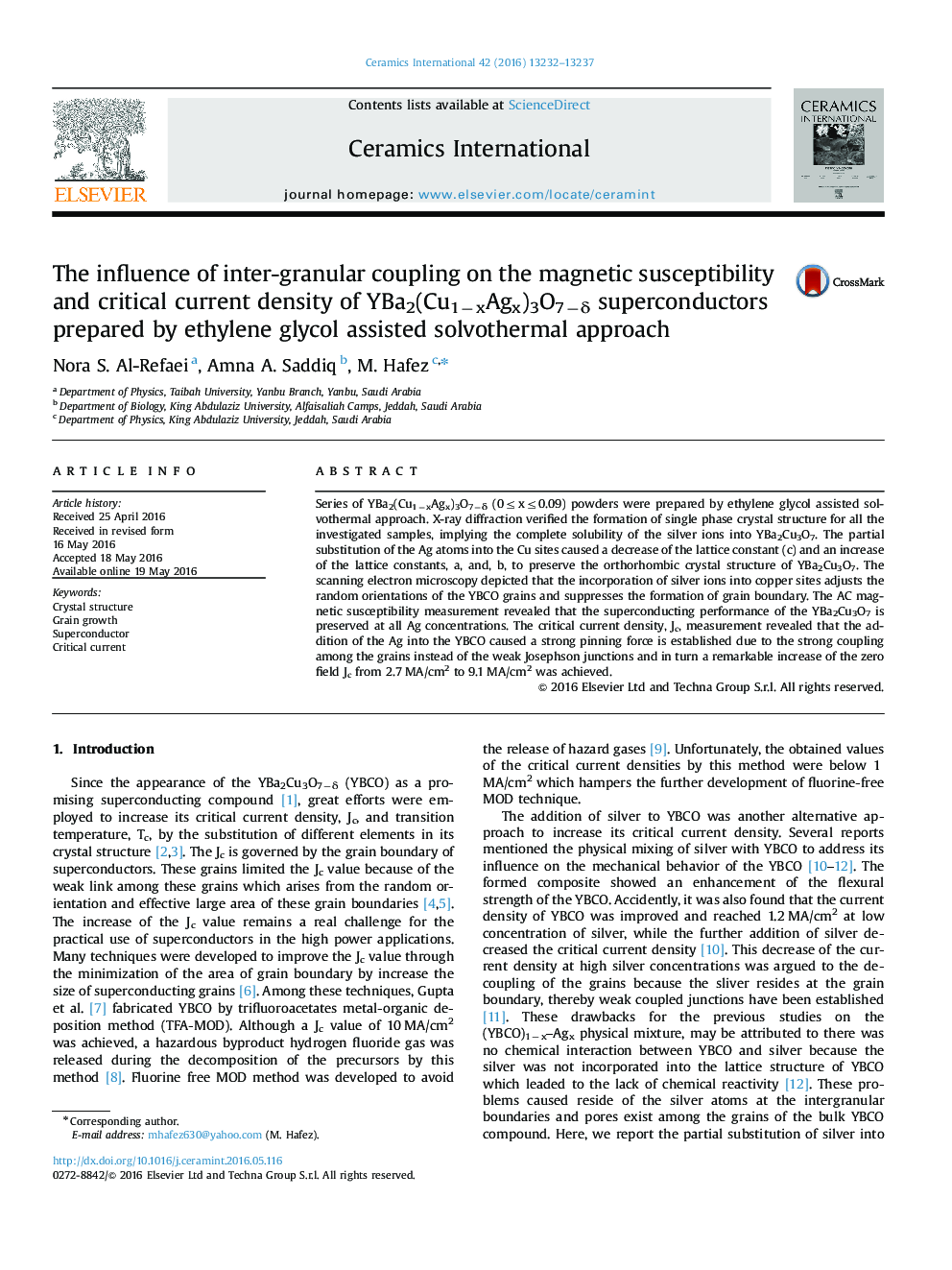 The influence of inter-granular coupling on the magnetic susceptibility and critical current density of YBa2(Cu1−xAgx)3O7−δ superconductors prepared by ethylene glycol assisted solvothermal approach