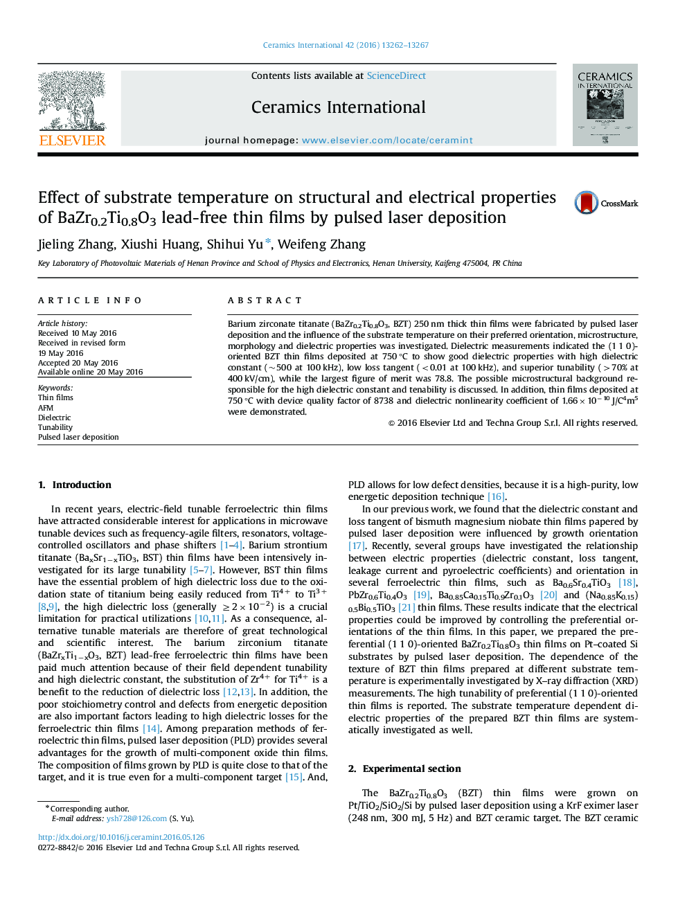 Effect of substrate temperature on structural and electrical properties of BaZr0.2Ti0.8O3 lead-free thin films by pulsed laser deposition