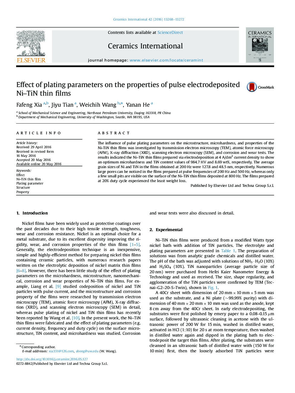 Effect of plating parameters on the properties of pulse electrodeposited Ni–TiN thin films