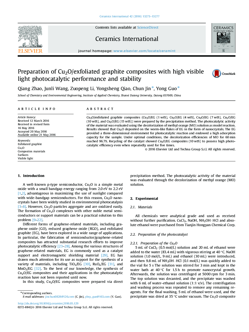 Preparation of Cu2O/exfoliated graphite composites with high visible light photocatalytic performance and stability