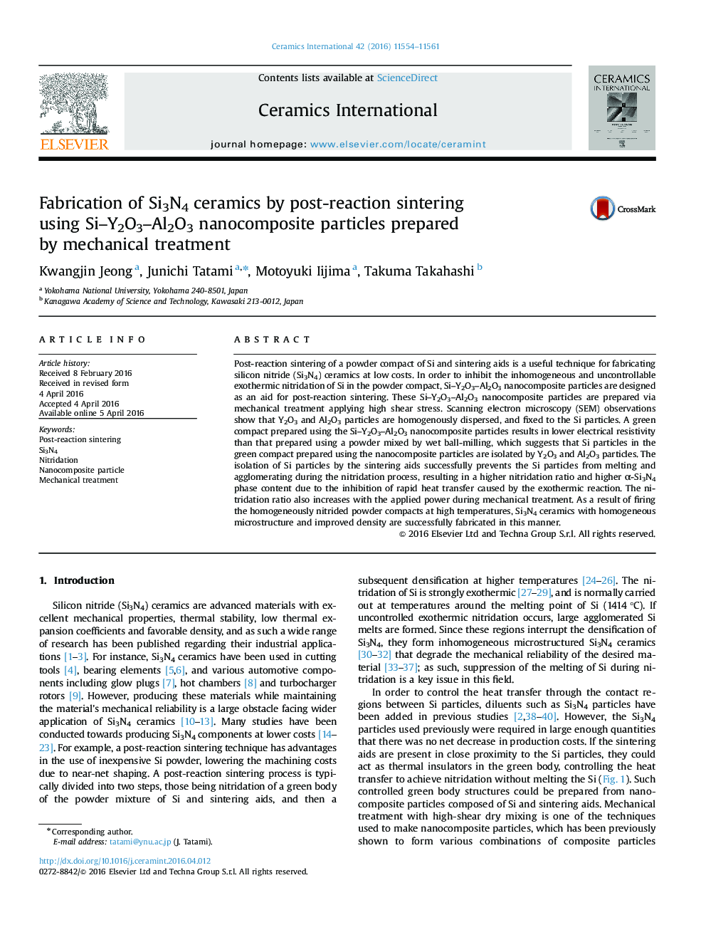 Fabrication of Si3N4 ceramics by post-reaction sintering using Si–Y2O3–Al2O3 nanocomposite particles prepared by mechanical treatment