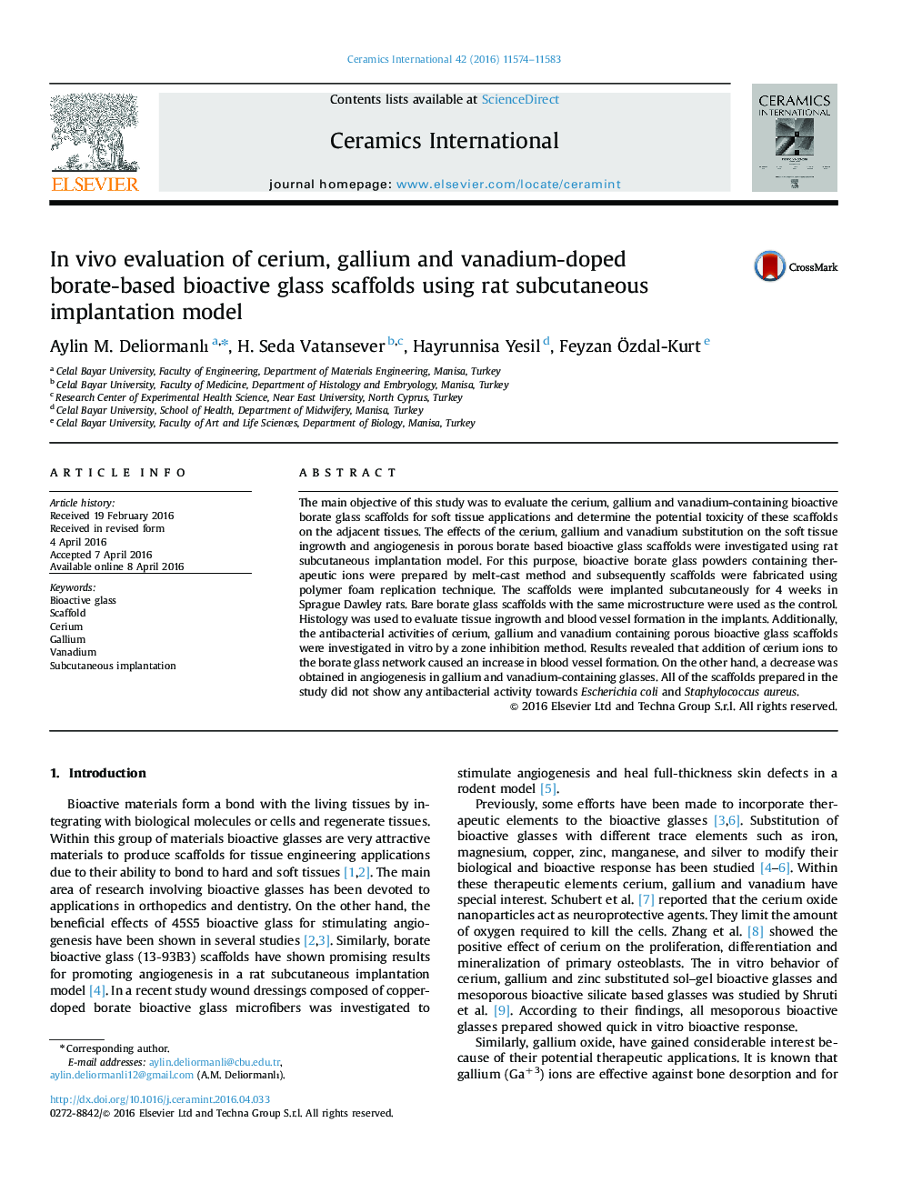 عکس صفحه اول مقاله: In vivo evaluation of cerium, gallium and vanadium-doped borate-based bioactive glass scaffolds using rat subcutaneous implantation model In vivo evaluation of cerium, gallium and vanadium-doped borate-based bioactive glass scaffolds using rat subcutaneous implantation model