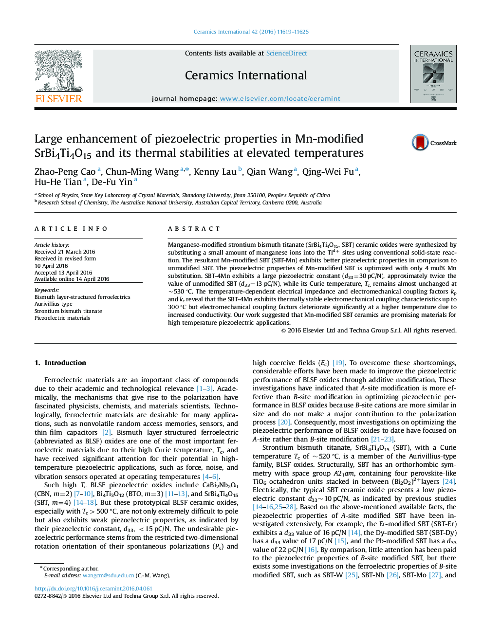 Large enhancement of piezoelectric properties in Mn-modified SrBi4Ti4O15 and its thermal stabilities at elevated temperatures