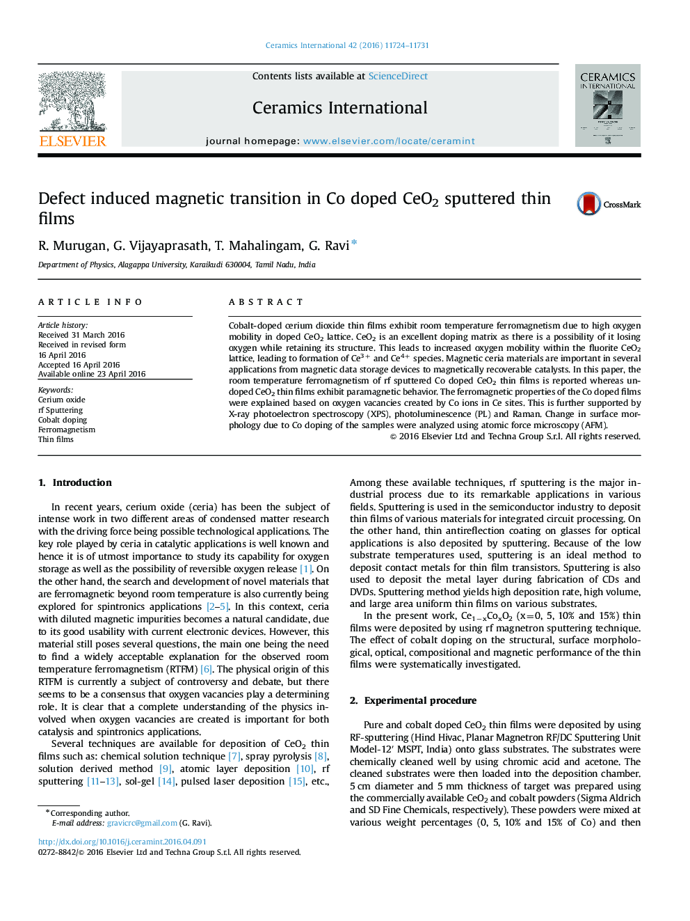عکس صفحه اول مقاله: Defect induced magnetic transition in Co doped CeO2 sputtered thin films Defect induced magnetic transition in Co doped CeO2 sputtered thin films