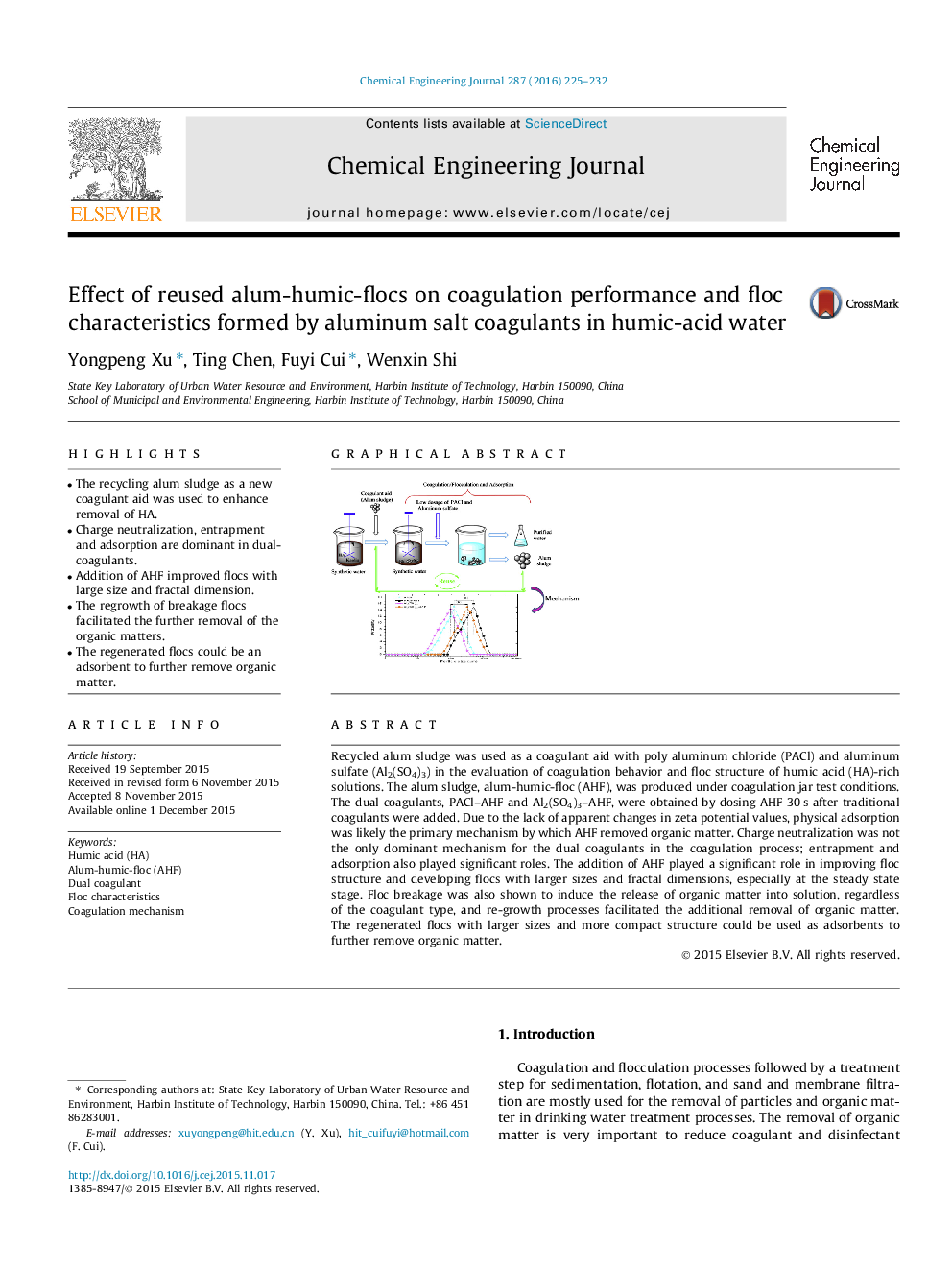 Effect of reused alum-humic-flocs on coagulation performance and floc characteristics formed by aluminum salt coagulants in humic-acid water