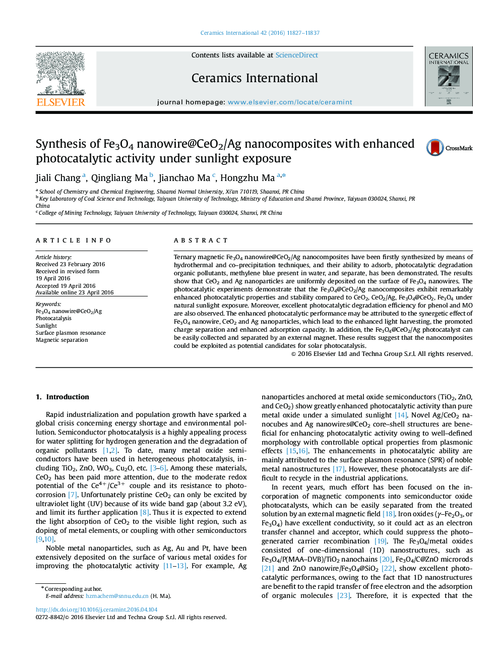 Synthesis of Fe3O4 nanowire@CeO2/Ag nanocomposites with enhanced photocatalytic activity under sunlight exposure