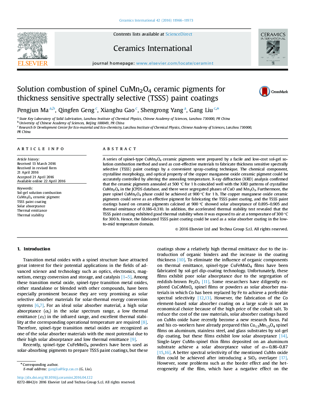 Solution combustion of spinel CuMn2O4 ceramic pigments for thickness sensitive spectrally selective (TSSS) paint coatings