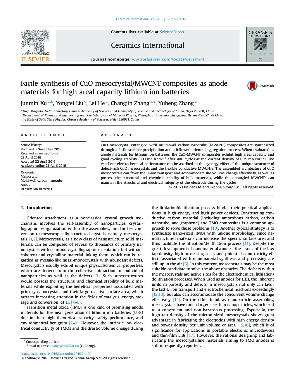 Facile synthesis of CuO mesocrystal/MWCNT composites as anode materials for high areal capacity lithium ion batteries