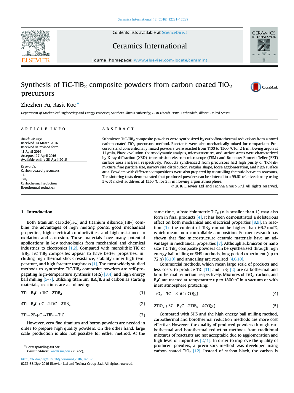 Synthesis of TiC-TiB2 composite powders from carbon coated TiO2 precursors