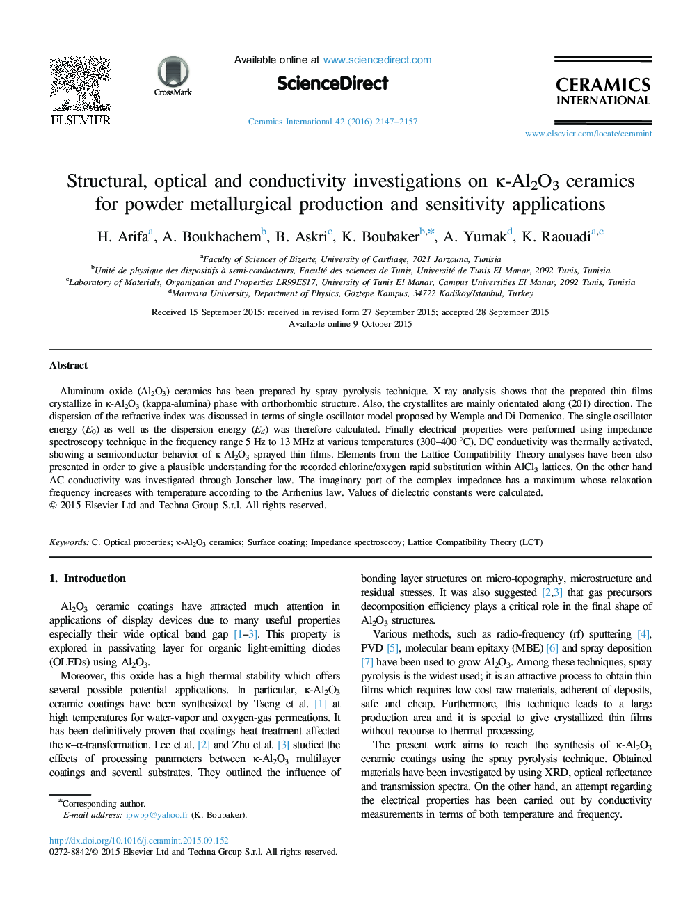 Structural, optical and conductivity investigations on κ-Al2O3 ceramics for powder metallurgical production and sensitivity applications