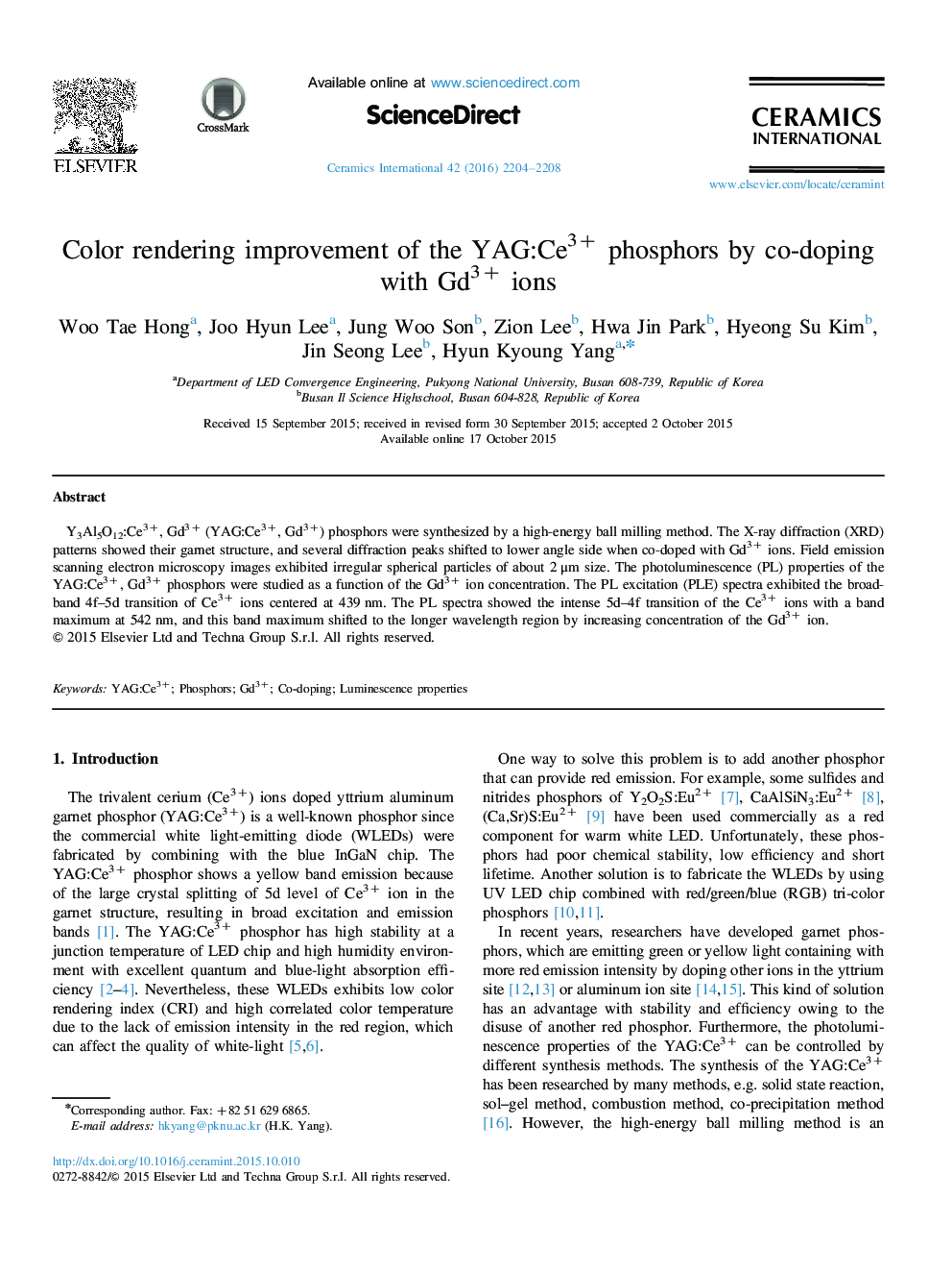Color rendering improvement of the YAG:Ce3+ phosphors by co-doping with Gd3+ ions
