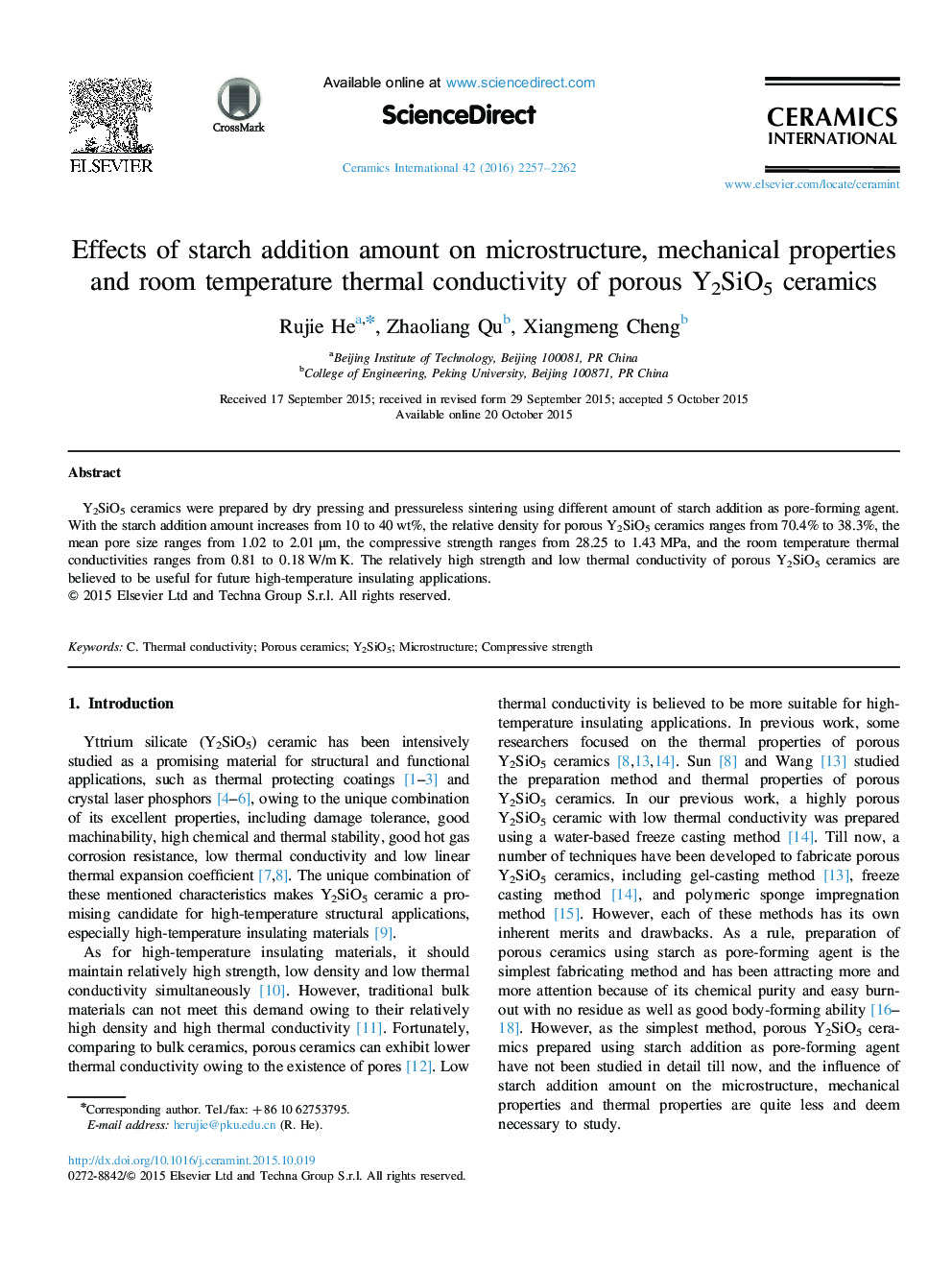 Effects of starch addition amount on microstructure, mechanical properties and room temperature thermal conductivity of porous Y2SiO5 ceramics