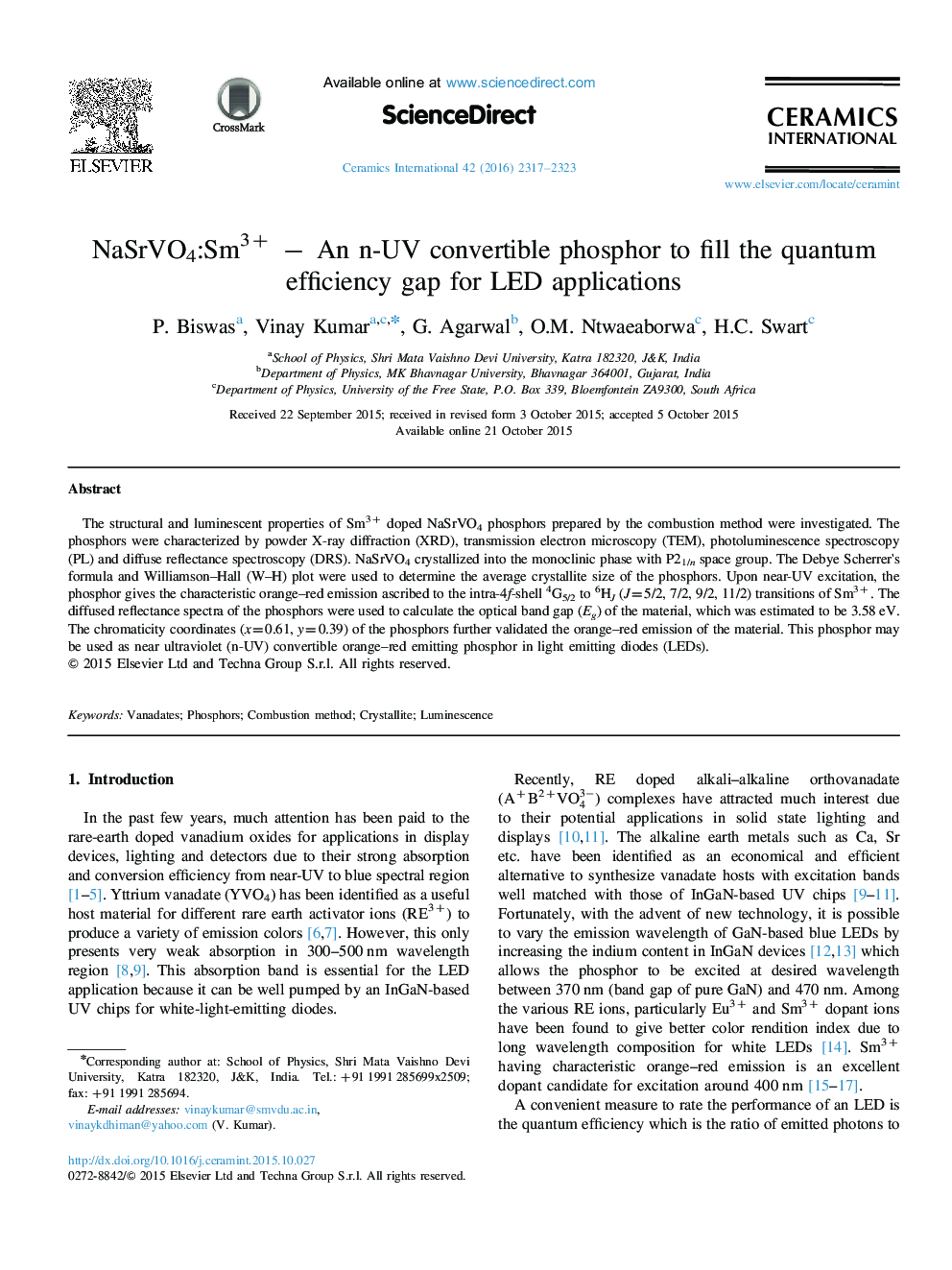 NaSrVO4:Sm3+ − An n-UV convertible phosphor to fill the quantum efficiency gap for LED applications