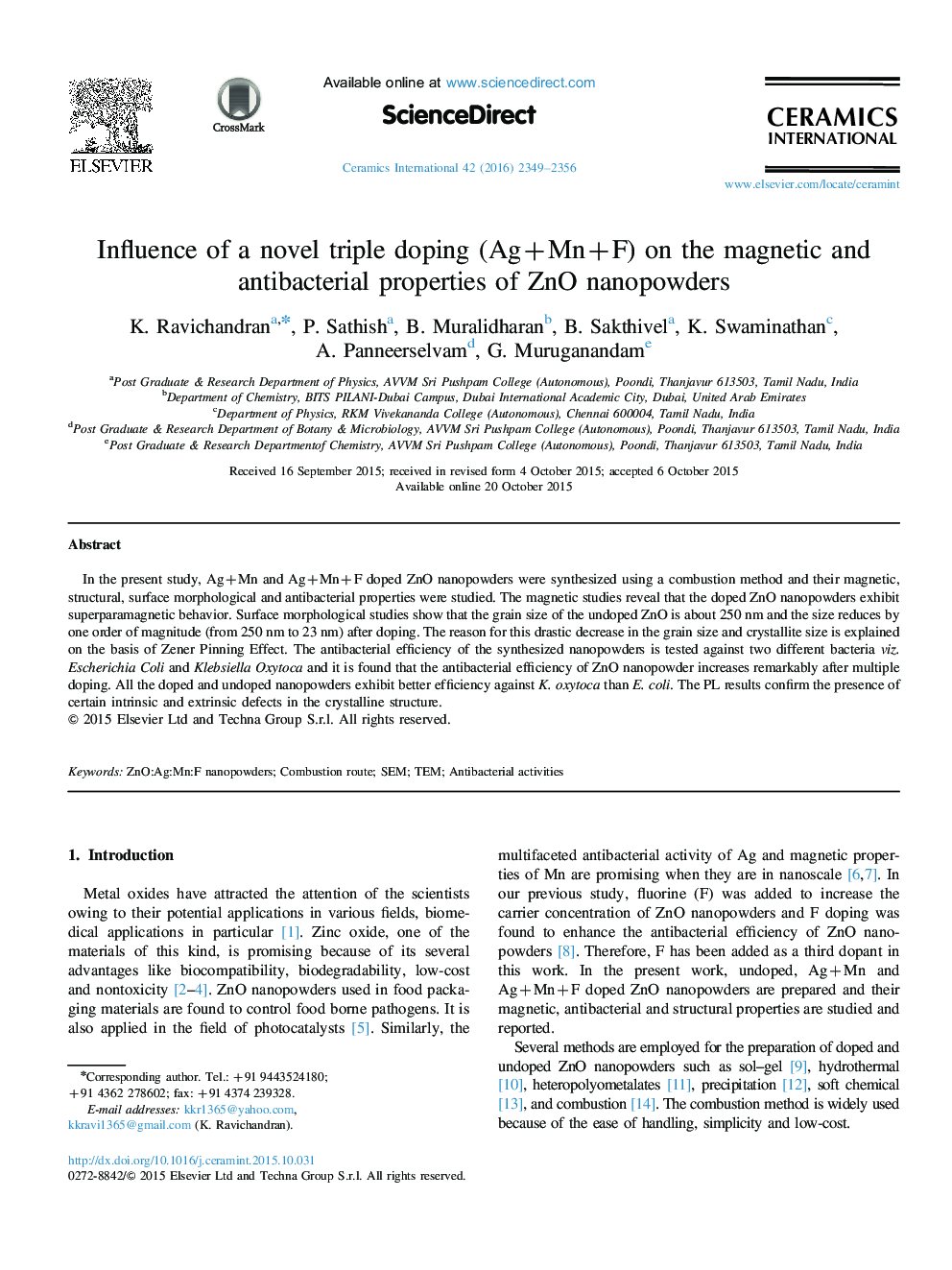 Influence of a novel triple doping (Ag+Mn+F) on the magnetic and antibacterial properties of ZnO nanopowders