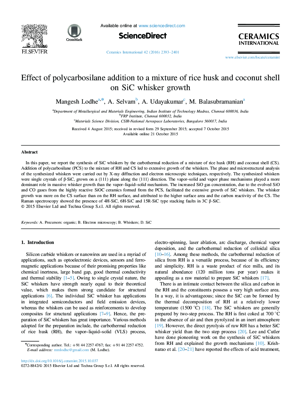 Effect of polycarbosilane addition to a mixture of rice husk and coconut shell on SiC whisker growth