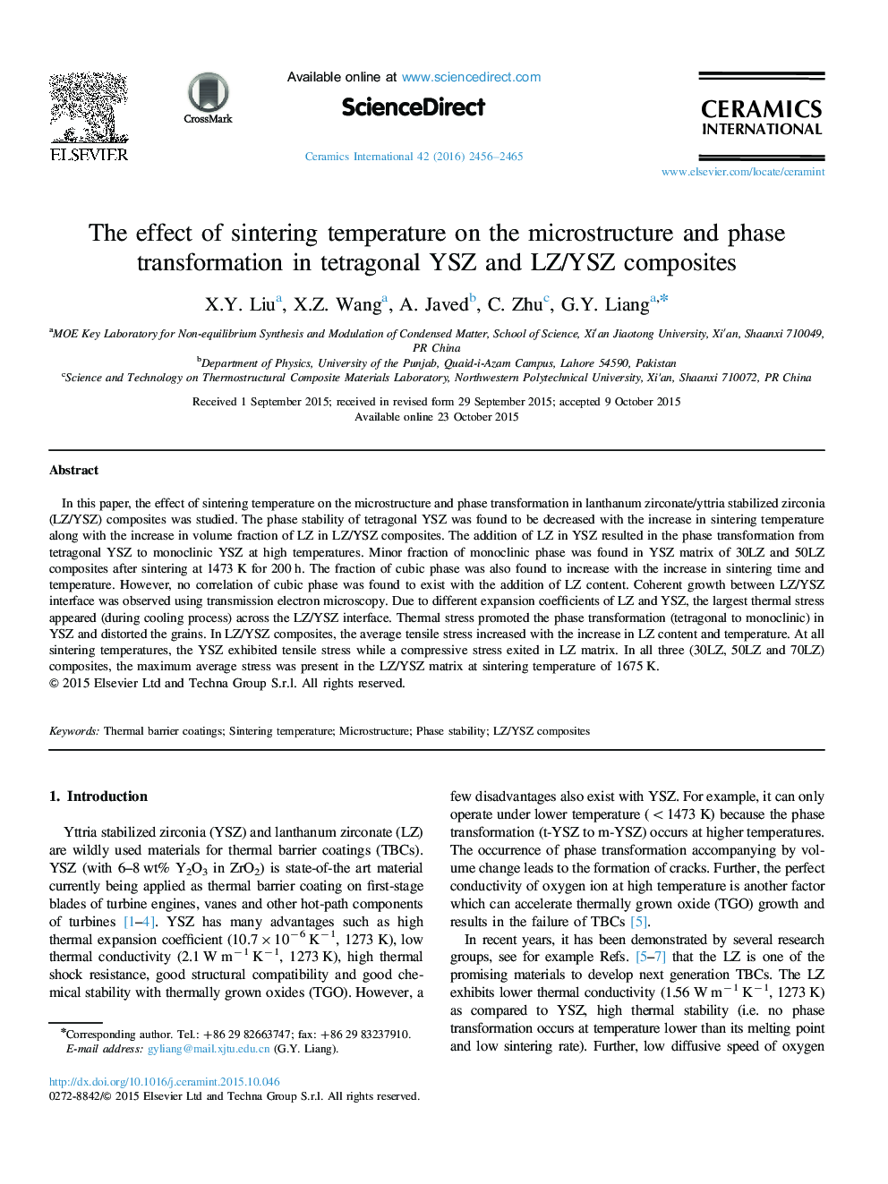 The effect of sintering temperature on the microstructure and phase transformation in tetragonal YSZ and LZ/YSZ composites