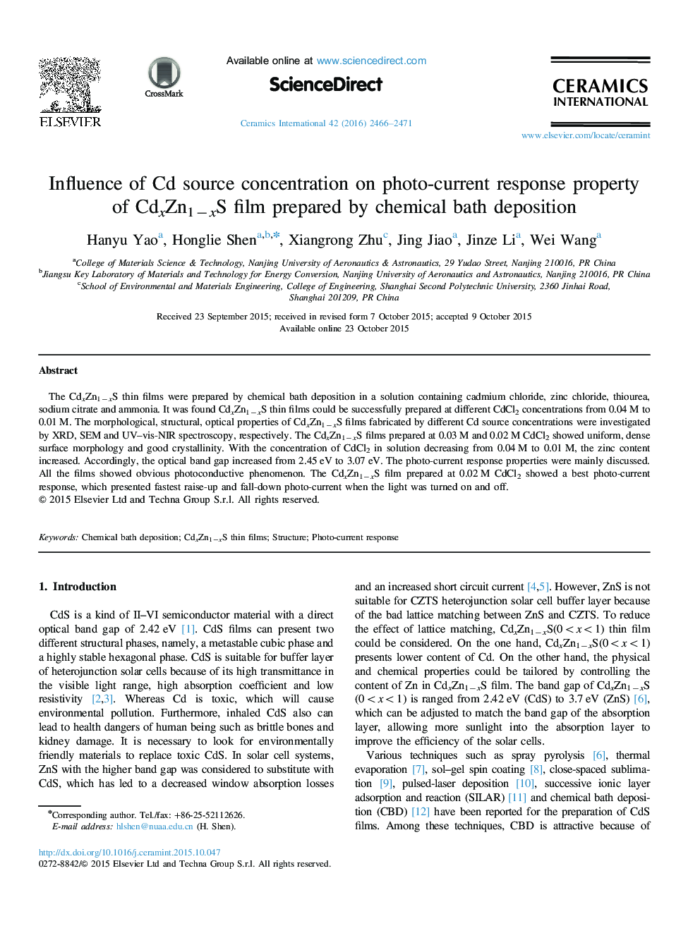 Influence of Cd source concentration on photo-current response property of CdxZn1−xS film prepared by chemical bath deposition