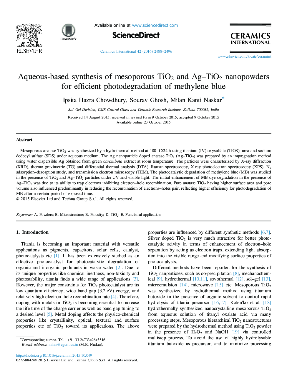 Aqueous-based synthesis of mesoporous TiO2 and Ag–TiO2 nanopowders for efficient photodegradation of methylene blue