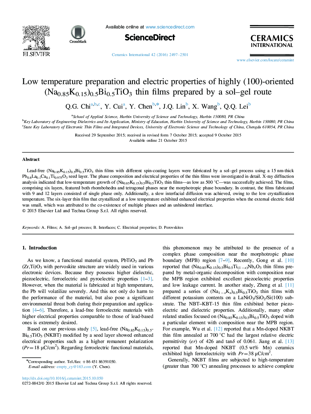 Low temperature preparation and electric properties of highly (100)-oriented (Na0.85K0.15)0.5Bi0.5TiO3 thin films prepared by a sol–gel route