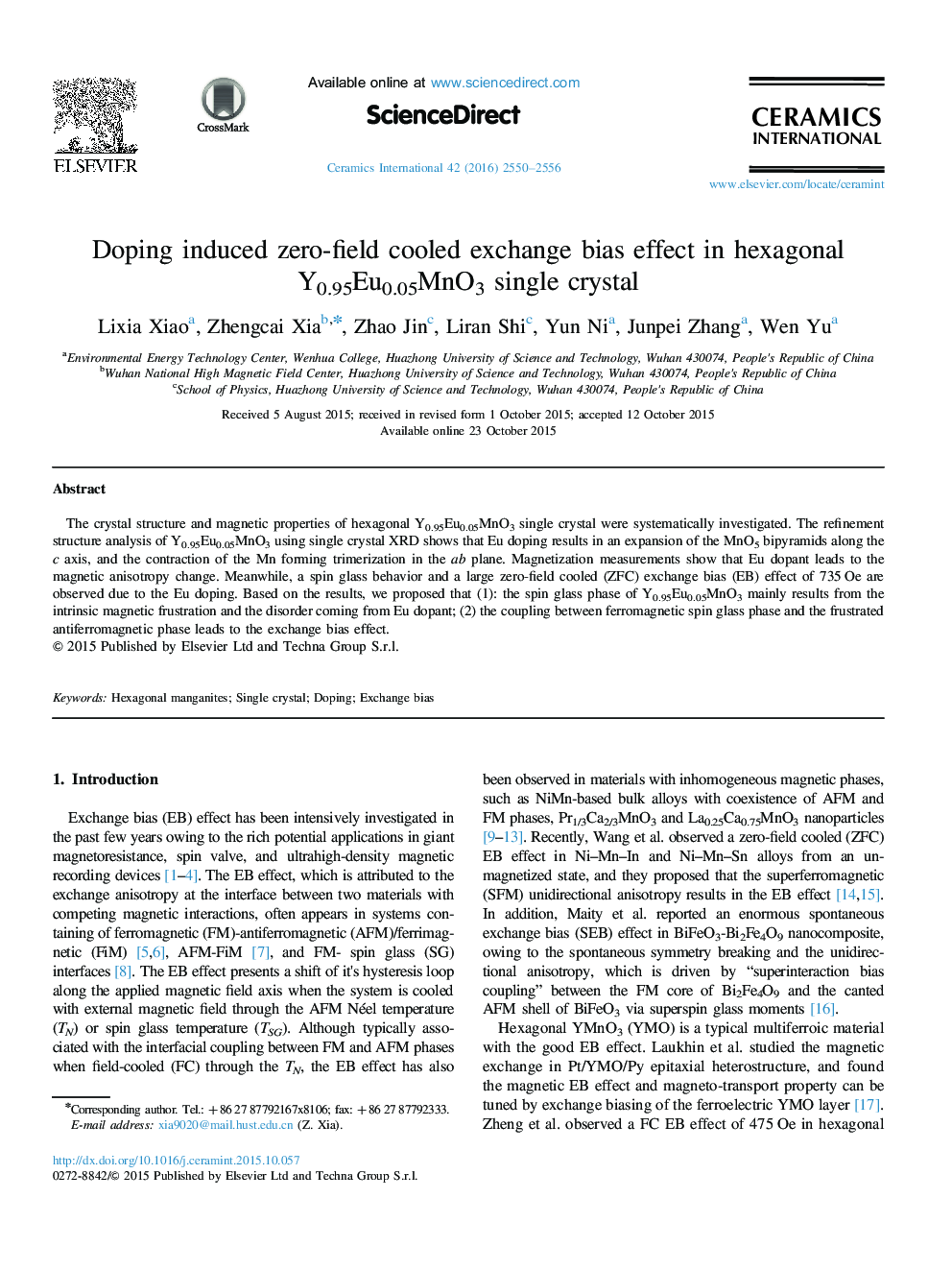 Doping induced zero-field cooled exchange bias effect in hexagonal Y0.95Eu0.05MnO3 single crystal