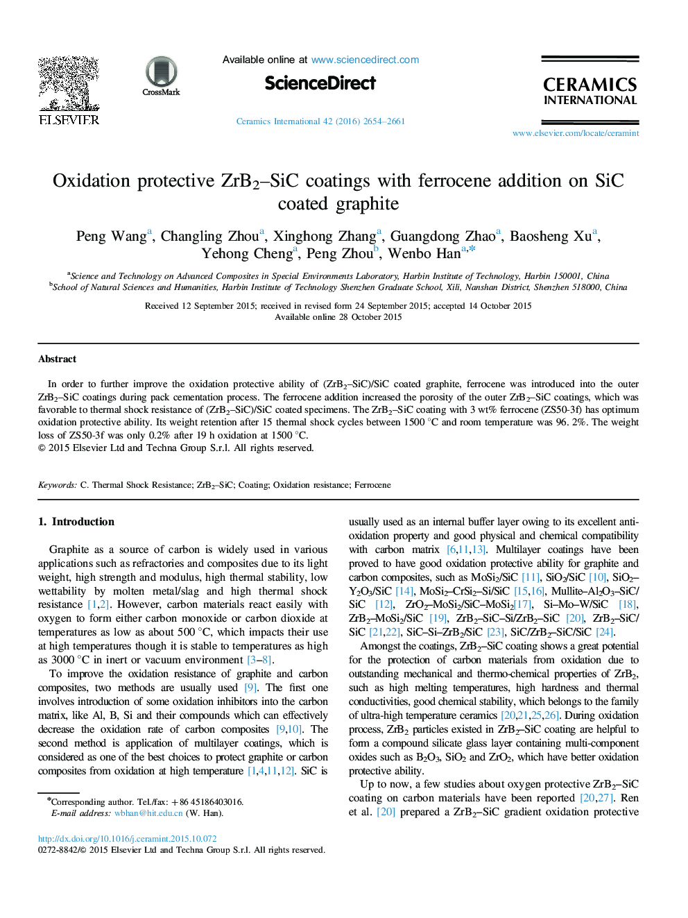 Oxidation protective ZrB2-SiC coatings with ferrocene addition on SiC coated graphite