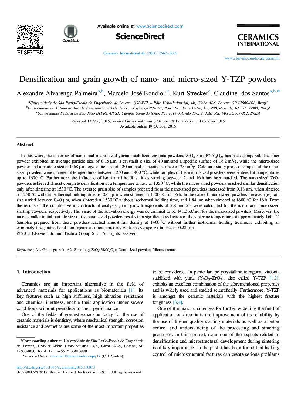 Densification and grain growth of nano- and micro-sized Y-TZP powders