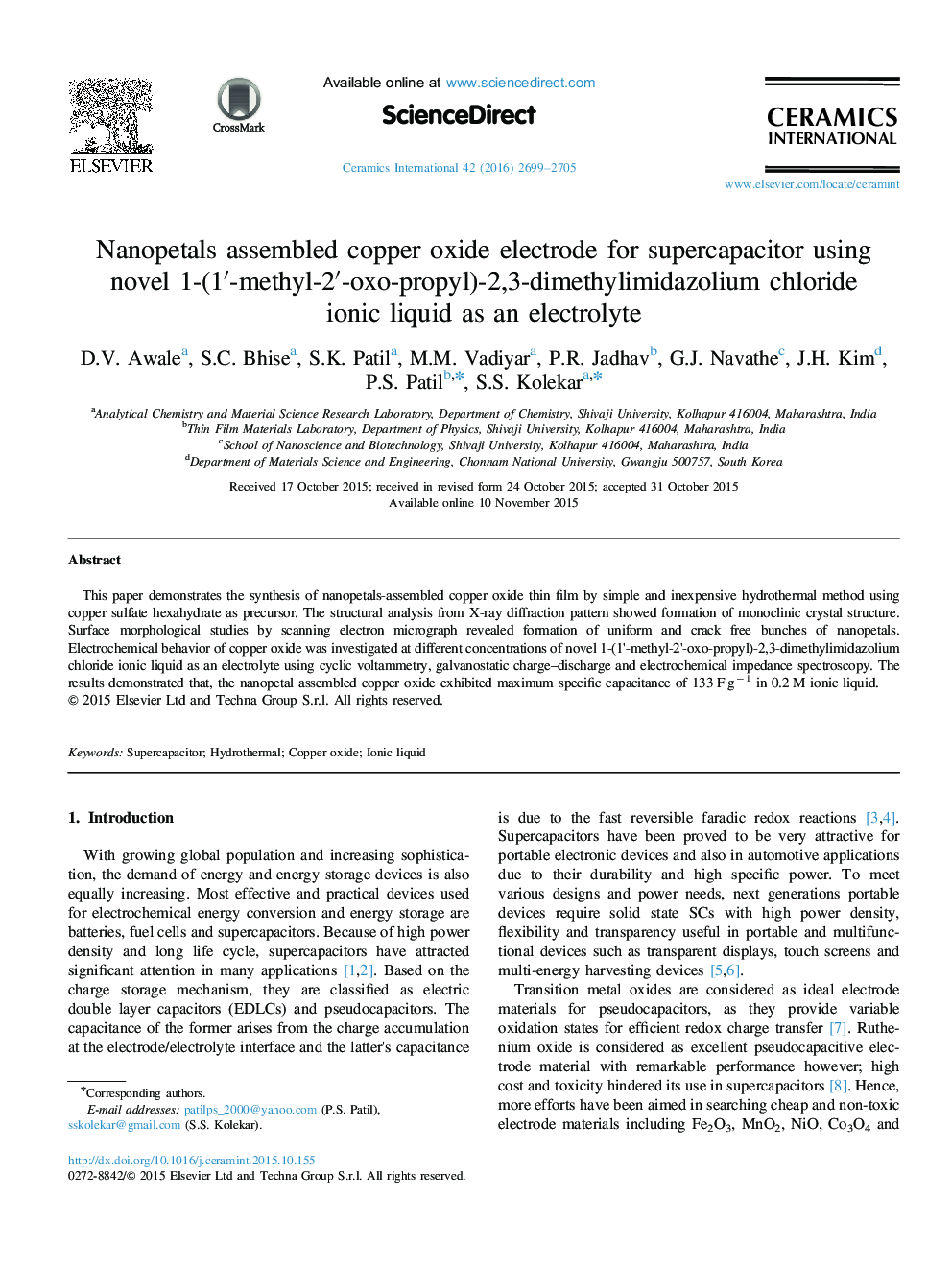 Nanopetals assembled copper oxide electrode for supercapacitor using novel 1-(1′-methyl-2′-oxo-propyl)-2,3-dimethylimidazolium chloride ionic liquid as an electrolyte