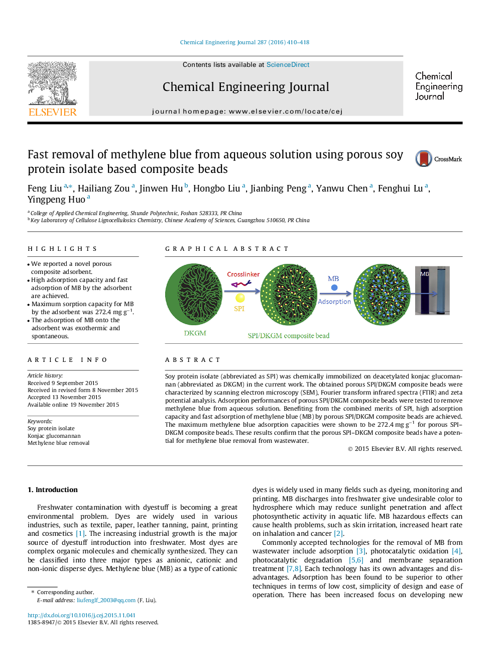 Fast removal of methylene blue from aqueous solution using porous soy protein isolate based composite beads