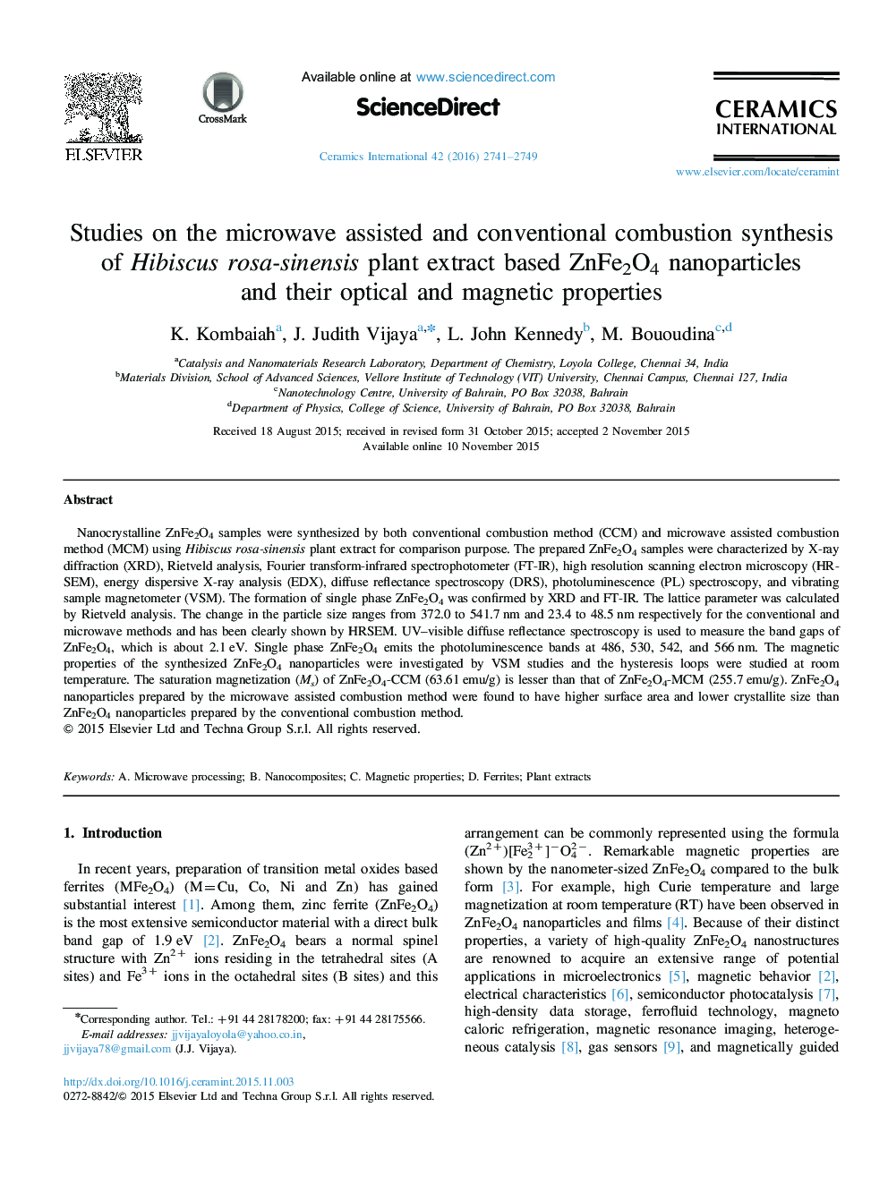 Studies on the microwave assisted and conventional combustion synthesis of Hibiscus rosa-sinensis plant extract based ZnFe2O4 nanoparticles and their optical and magnetic properties