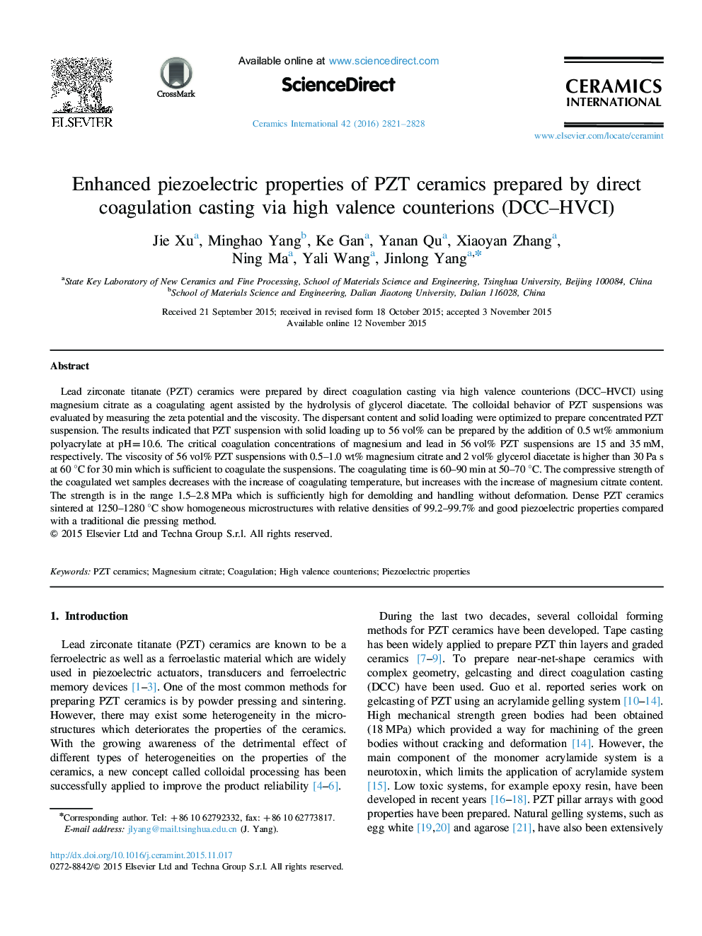 Enhanced piezoelectric properties of PZT ceramics prepared by direct coagulation casting via high valence counterions (DCC–HVCI)