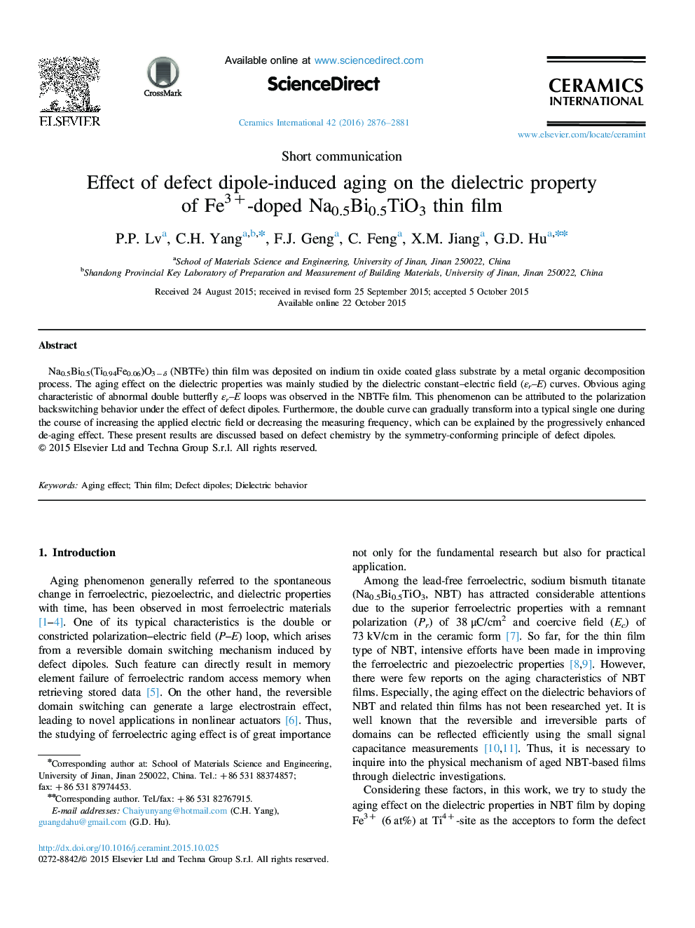 Effect of defect dipole-induced aging on the dielectric property of Fe3+-doped Na0.5Bi0.5TiO3 thin film