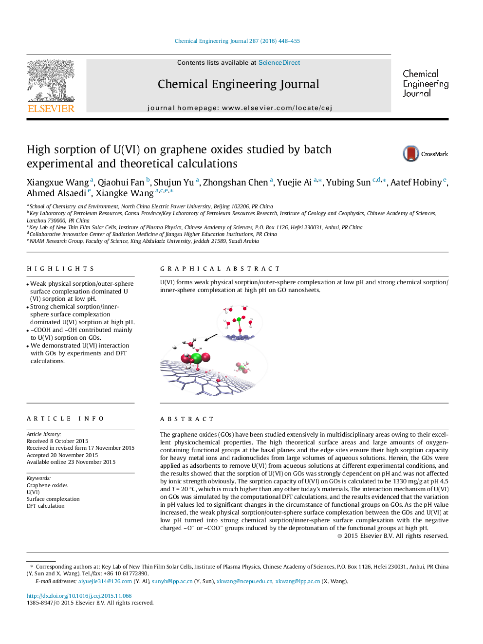 High sorption of U(VI) on graphene oxides studied by batch experimental and theoretical calculations