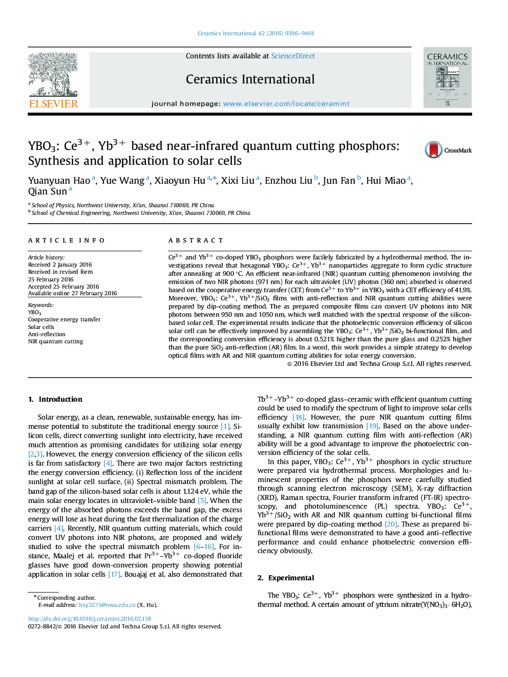 YBO3: Ce3+, Yb3+ based near-infrared quantum cutting phosphors: Synthesis and application to solar cells