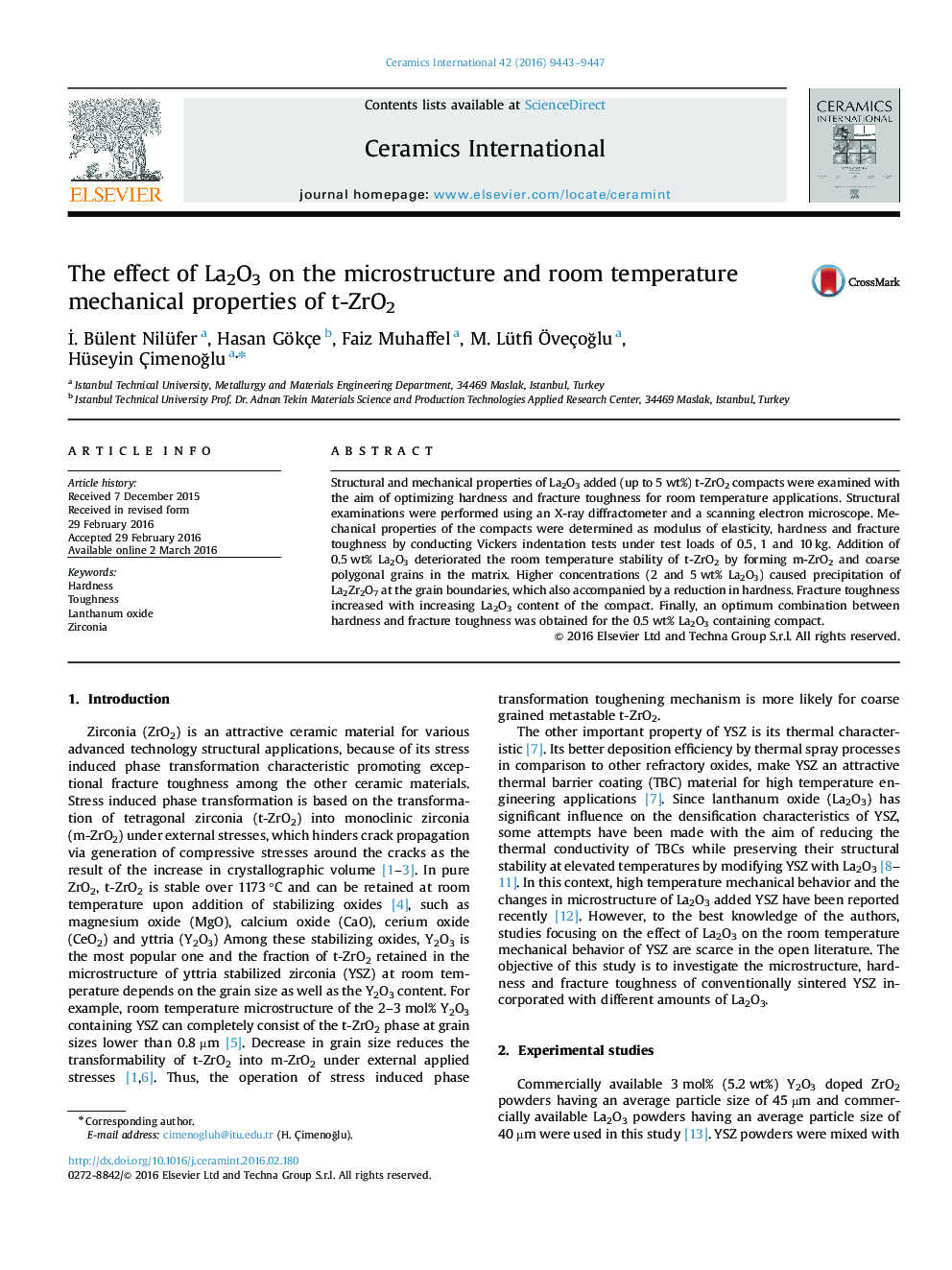 The effect of La2O3 on the microstructure and room temperature mechanical properties of t-ZrO2