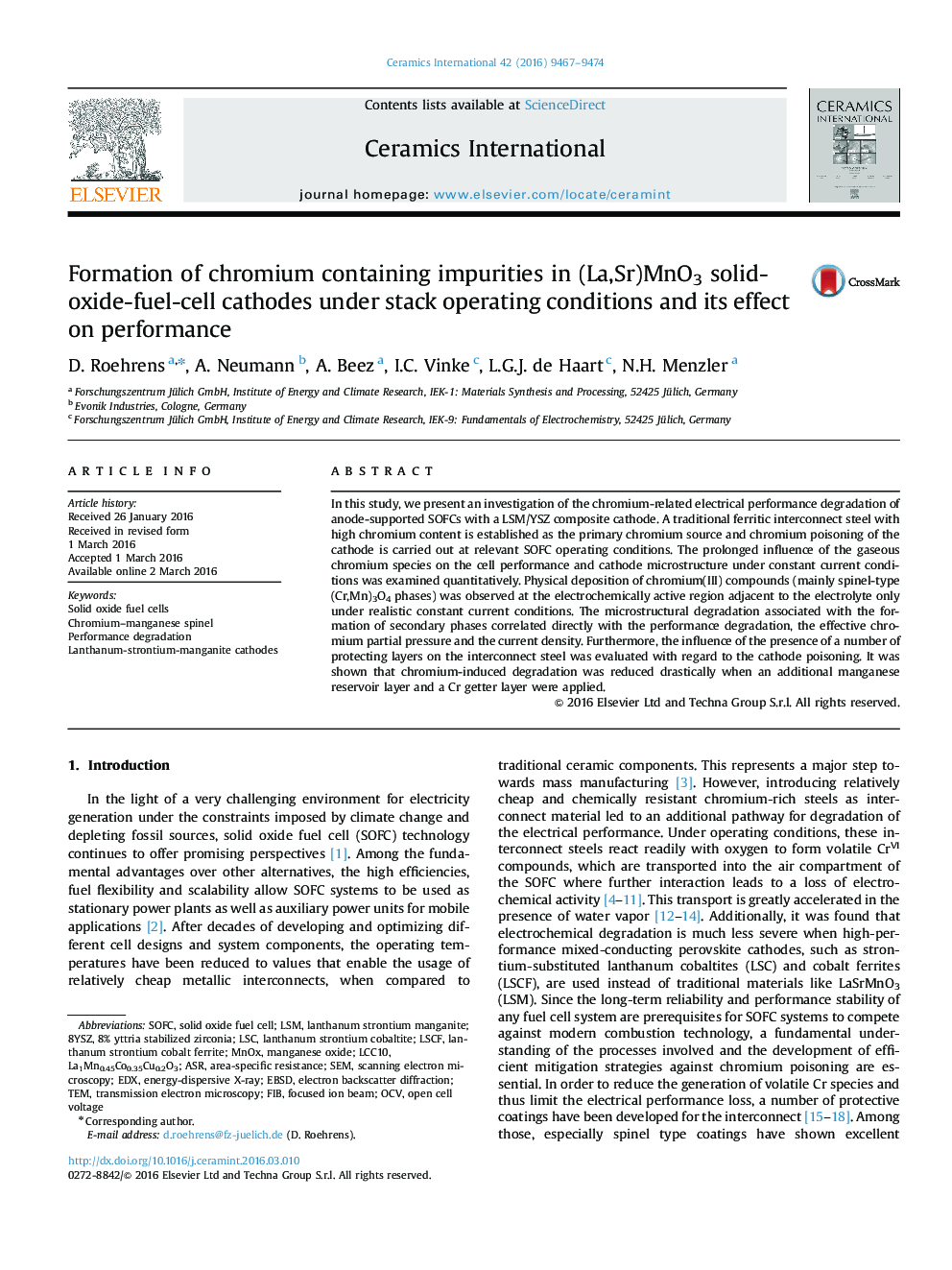 Formation of chromium containing impurities in (La,Sr)MnO3 solid-oxide-fuel-cell cathodes under stack operating conditions and its effect on performance