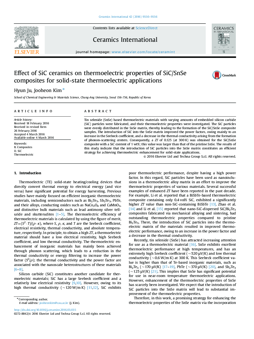 Effect of SiC ceramics on thermoelectric properties of SiC/SnSe composites for solid-state thermoelectric applications