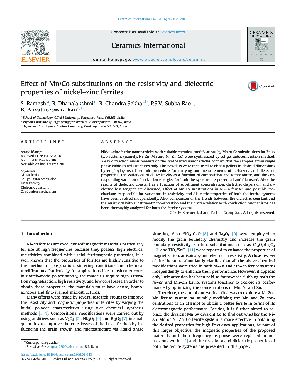 Effect of Mn/Co substitutions on the resistivity and dielectric properties of nickel–zinc ferrites