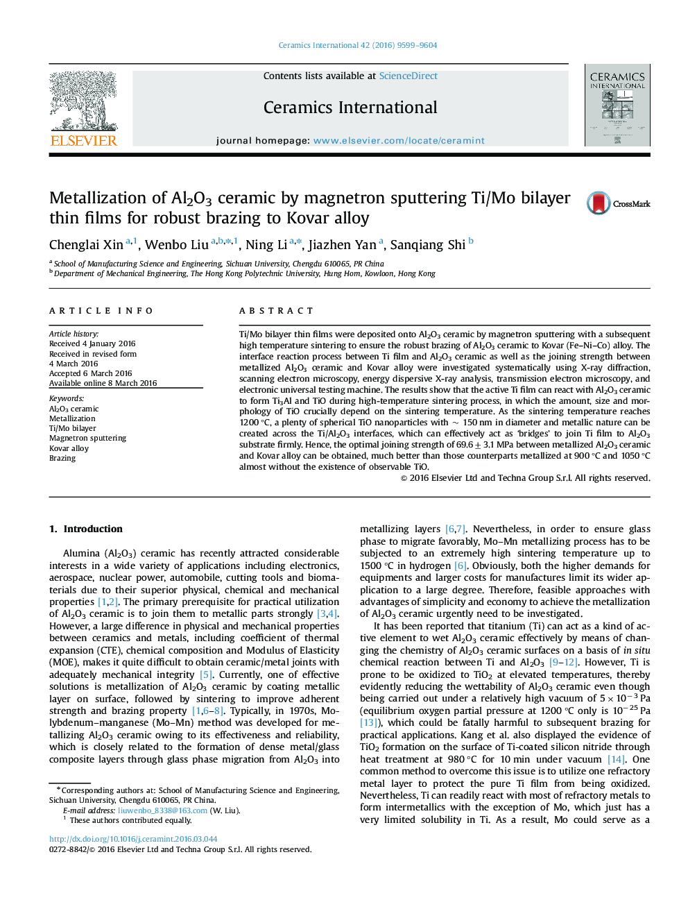 Metallization of Al2O3 ceramic by magnetron sputtering Ti/Mo bilayer thin films for robust brazing to Kovar alloy