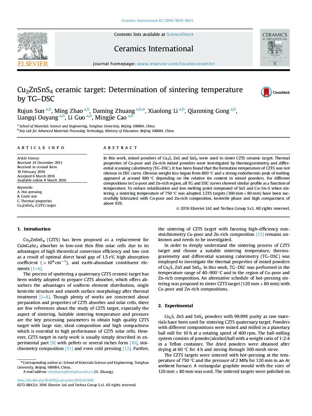 Cu2ZnSnS4 ceramic target: Determination of sintering temperature by TG–DSC