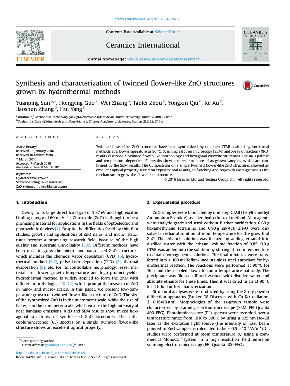 Synthesis and characterization of twinned flower–like ZnO structures grown by hydrothermal methods