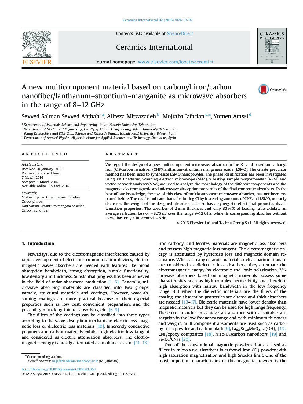 A new multicomponent material based on carbonyl iron/carbon nanofiber/lanthanum–strontium–manganite as microwave absorbers in the range of 8–12 GHz