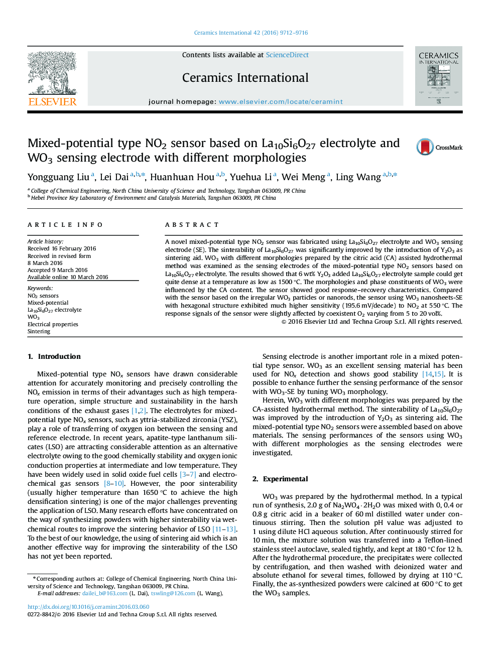 Mixed-potential type NO2 sensor based on La10Si6O27 electrolyte and WO3 sensing electrode with different morphologies