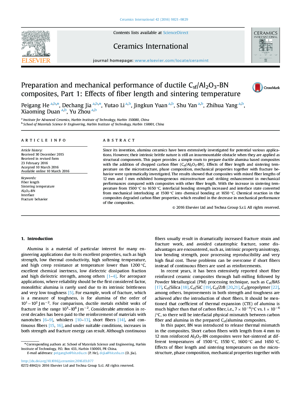 Preparation and mechanical performance of ductile Csf/Al2O3-BN composites, Part 1: Effects of fiber length and sintering temperature