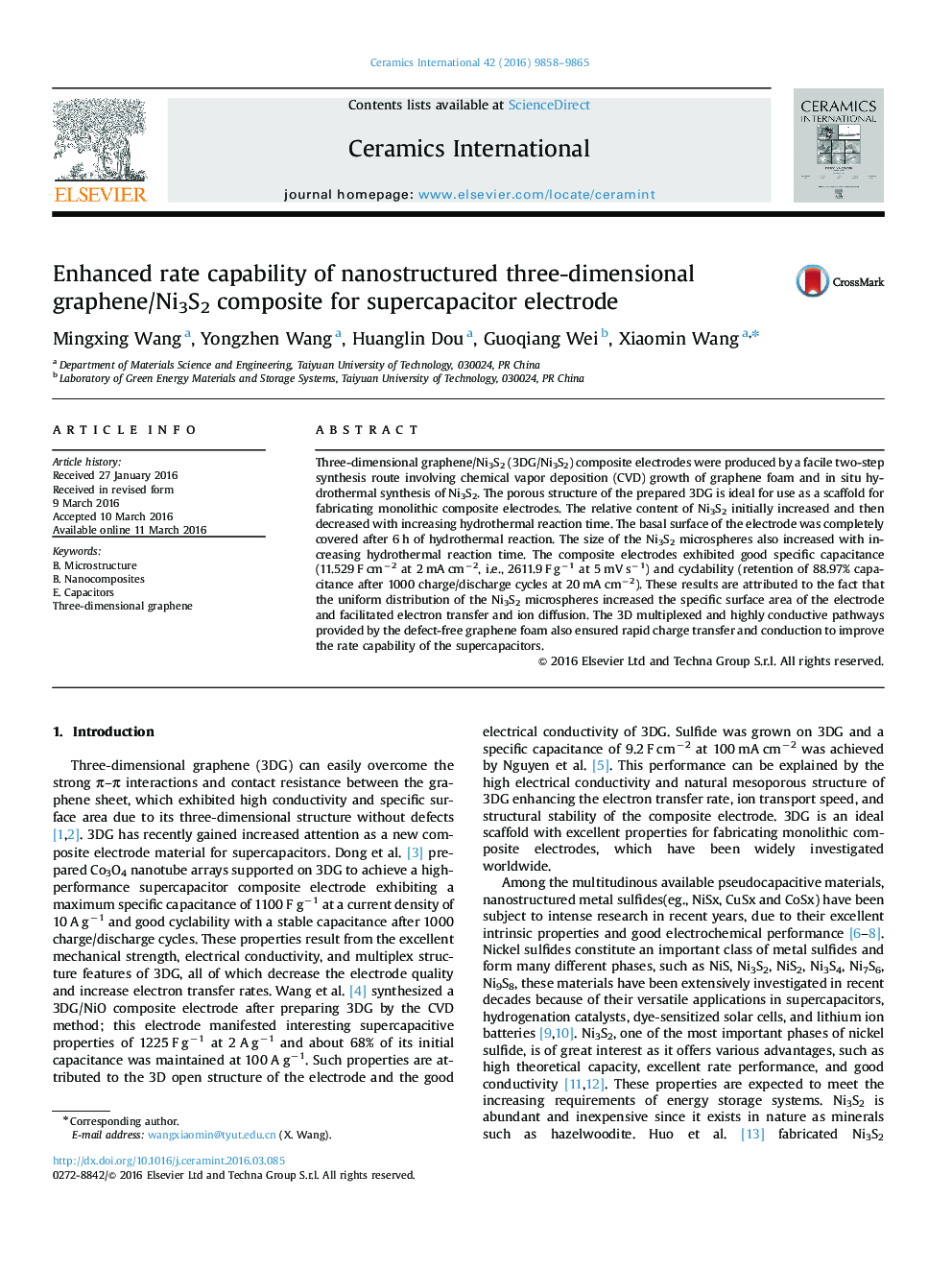 Enhanced rate capability of nanostructured three-dimensional graphene/Ni3S2 composite for supercapacitor electrode