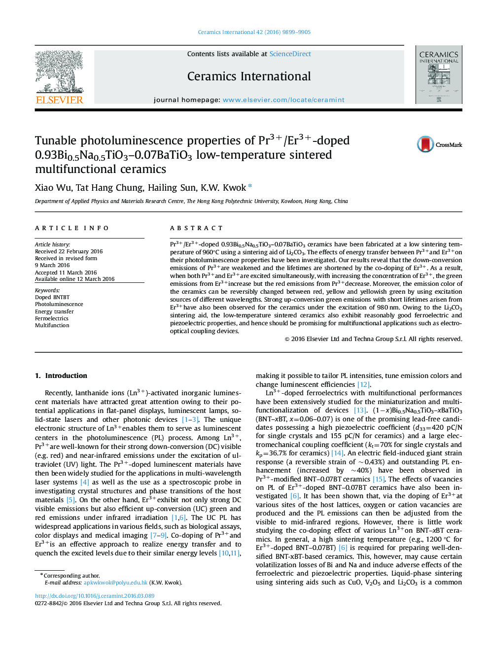 Tunable photoluminescence properties of Pr3+/Er3+-doped 0.93Bi0.5Na0.5TiO3–0.07BaTiO3 low-temperature sintered multifunctional ceramics