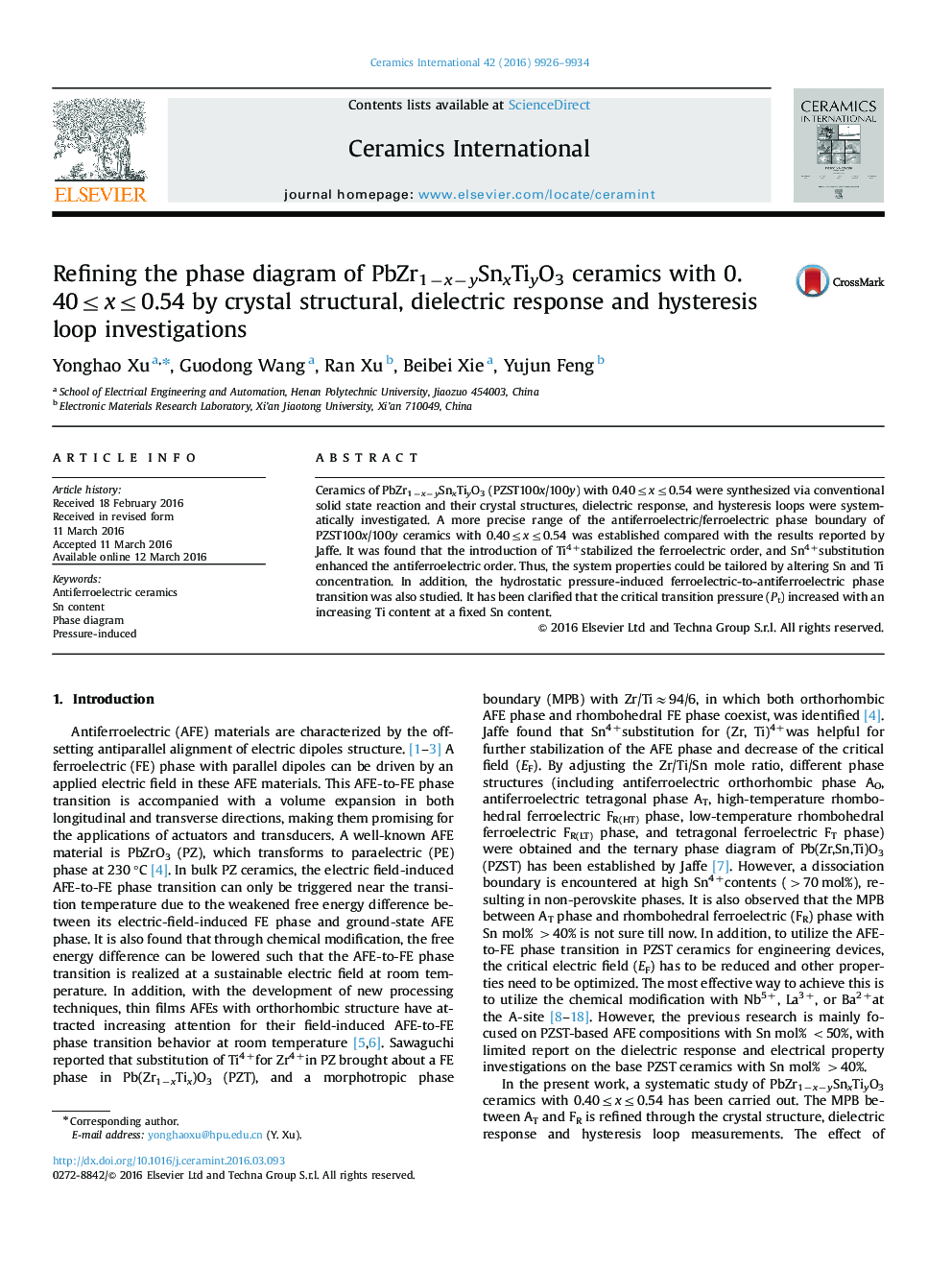 Refining the phase diagram of PbZr1−x−ySnxTiyO3 ceramics with 0.40≤x≤0.54 by crystal structural, dielectric response and hysteresis loop investigations