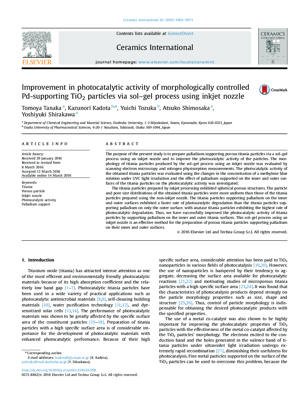 Improvement in photocatalytic activity of morphologically controlled Pd-supporting TiO2 particles via sol–gel process using inkjet nozzle